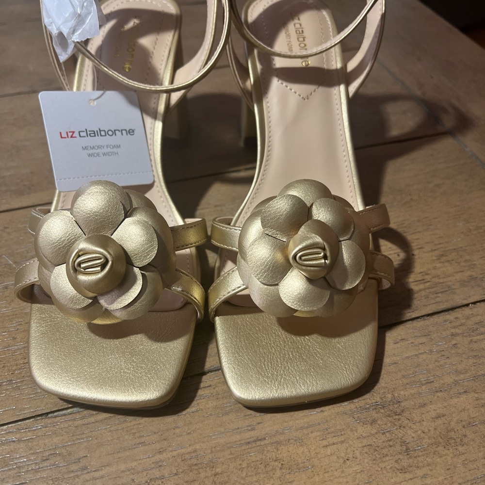 Liz Claiborne Metallic Gold Floral Ankle-Strap Heels